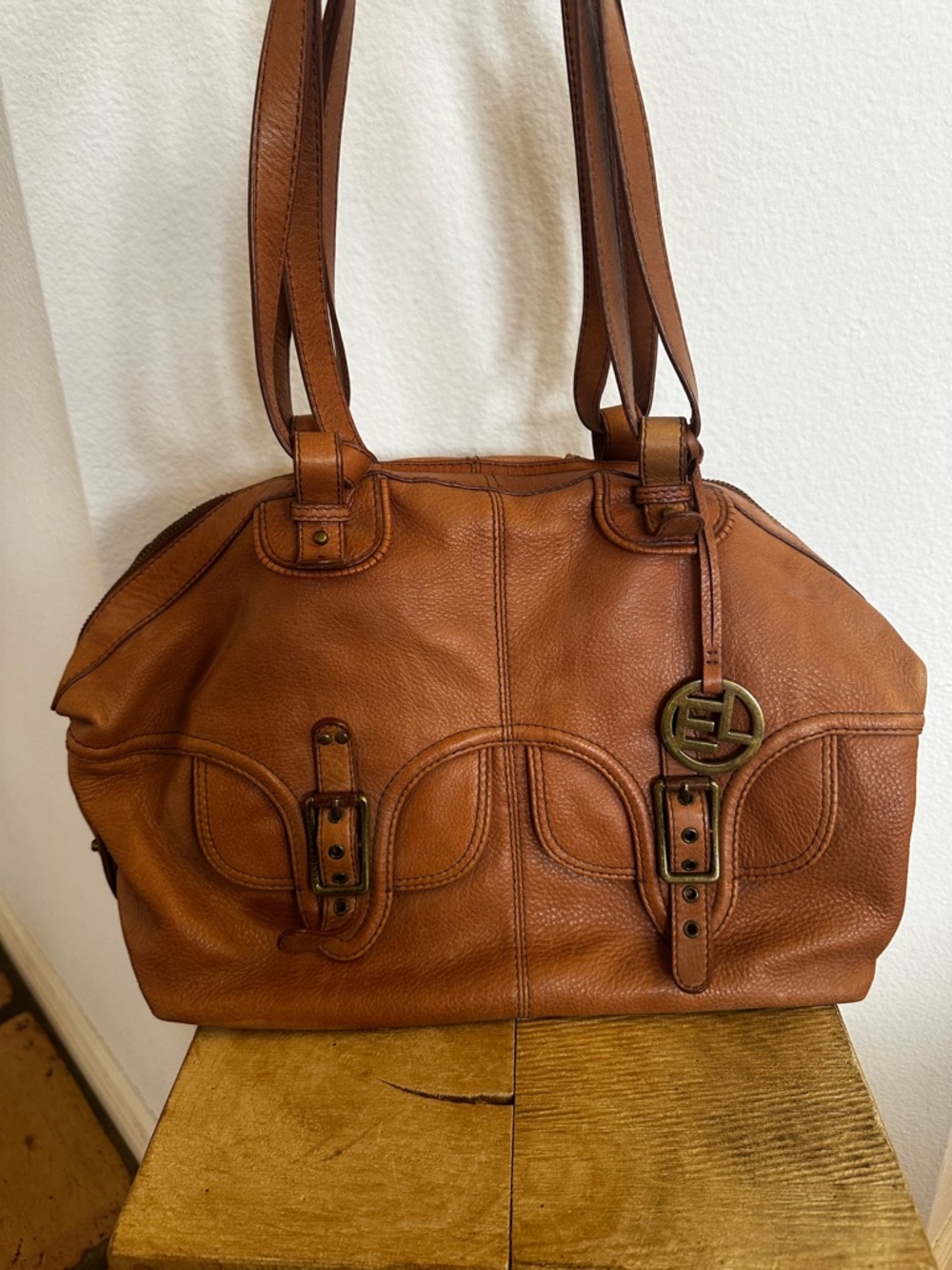 Elliott Lucca Cognac Brown Pebbled Leather Shoulder Bag